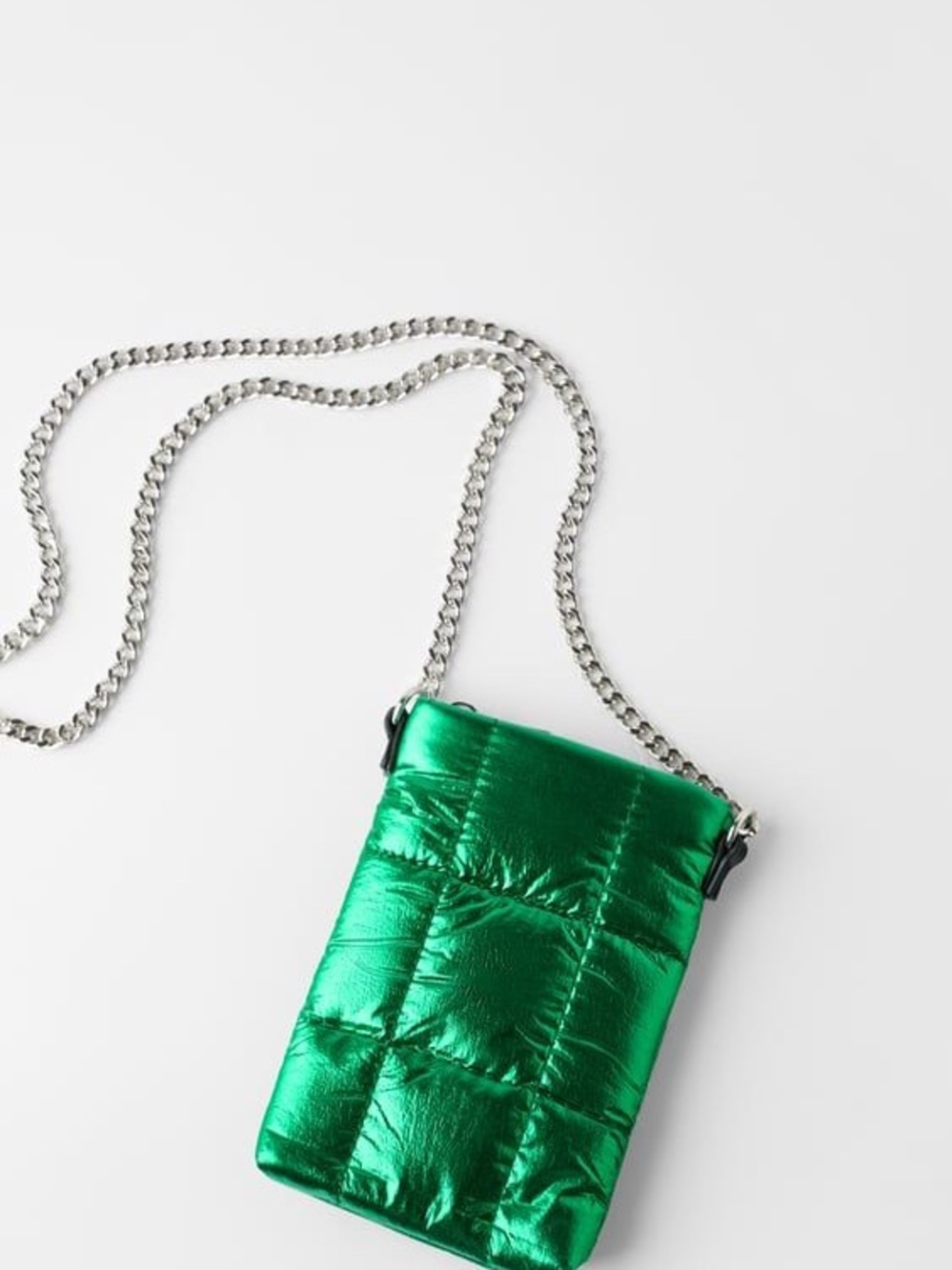 Zara Metallic Green Quilted Crossbody Bag with Silver Chain